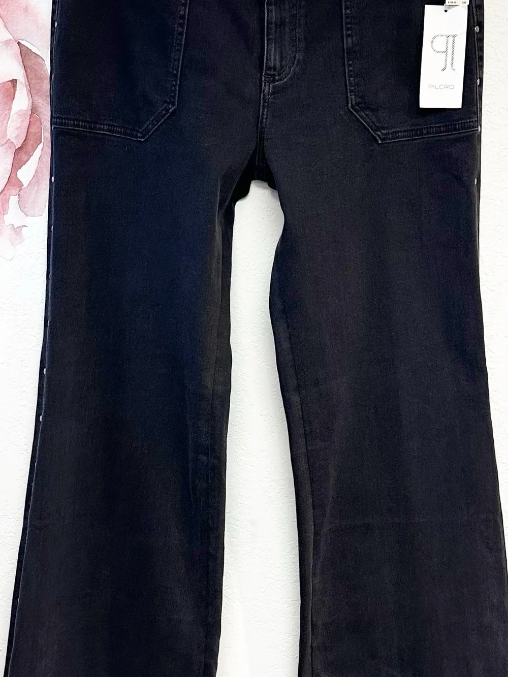 Pilcro Anthropologie The Rylan Black Studded Relax Hi Rise Flare Jeans NWT 32T - Picture 7 of 15